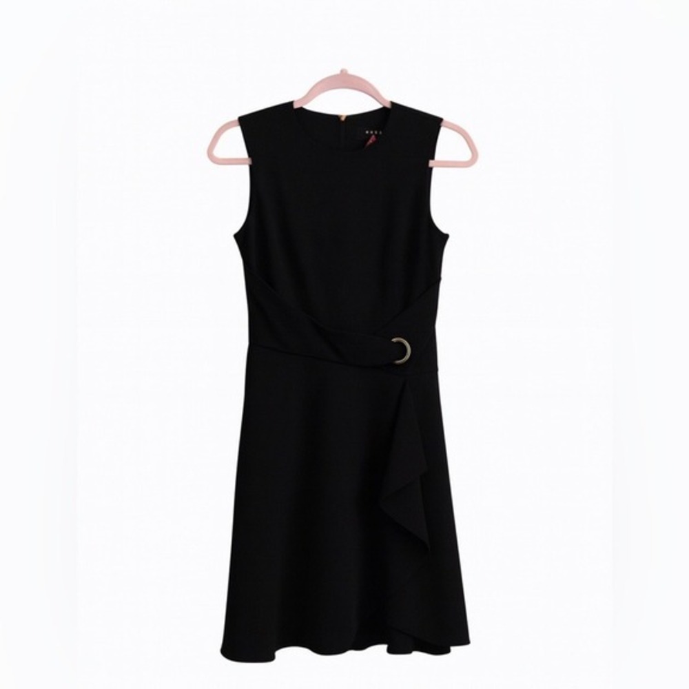 DKNY Black Midi Dress Size 2 Gold Ring Waist Office Siren Corporate Chic LBD